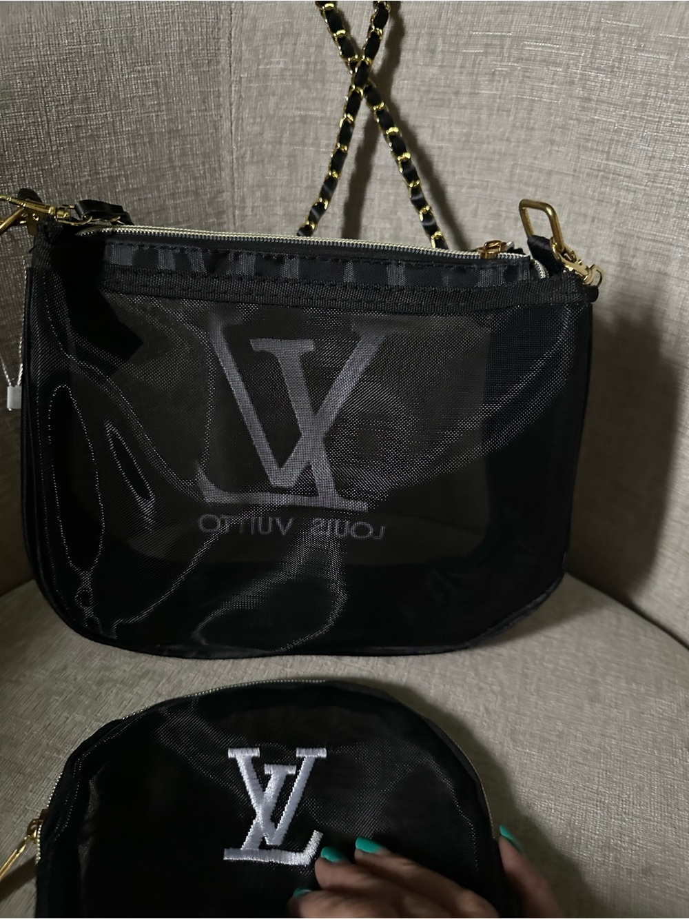 Black Nylon Sheer with White LV Logo and Gold Chain - Picture 3 of 7